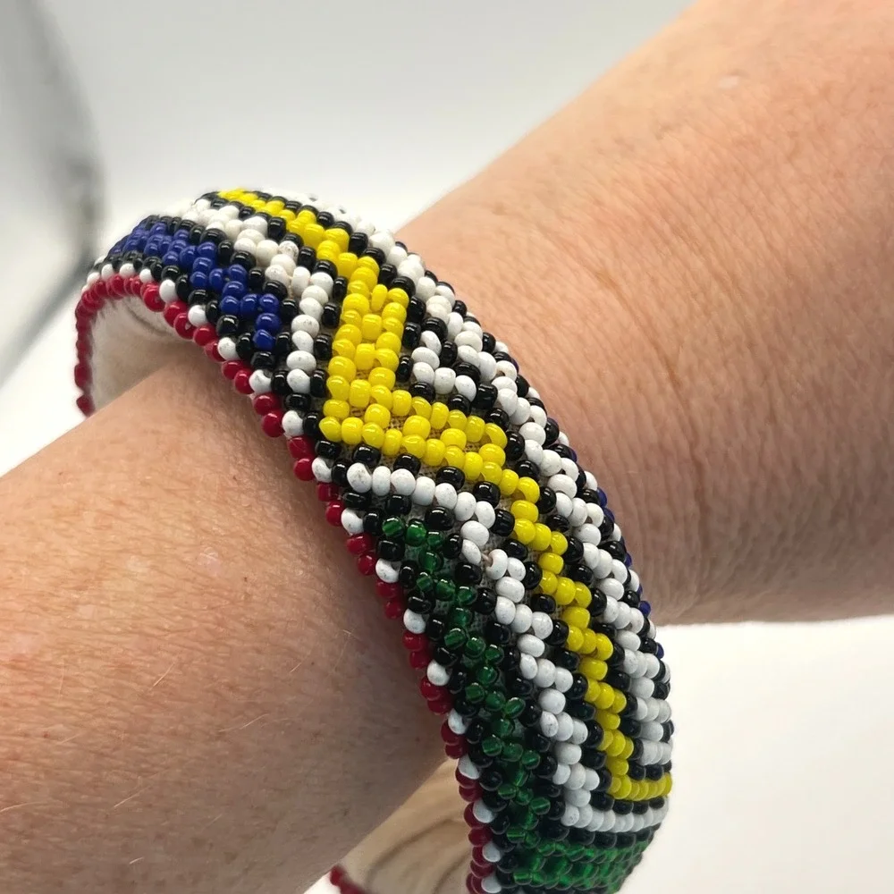 Vintage Seed Beaded Bangle Bracelet Multicolored Geometric